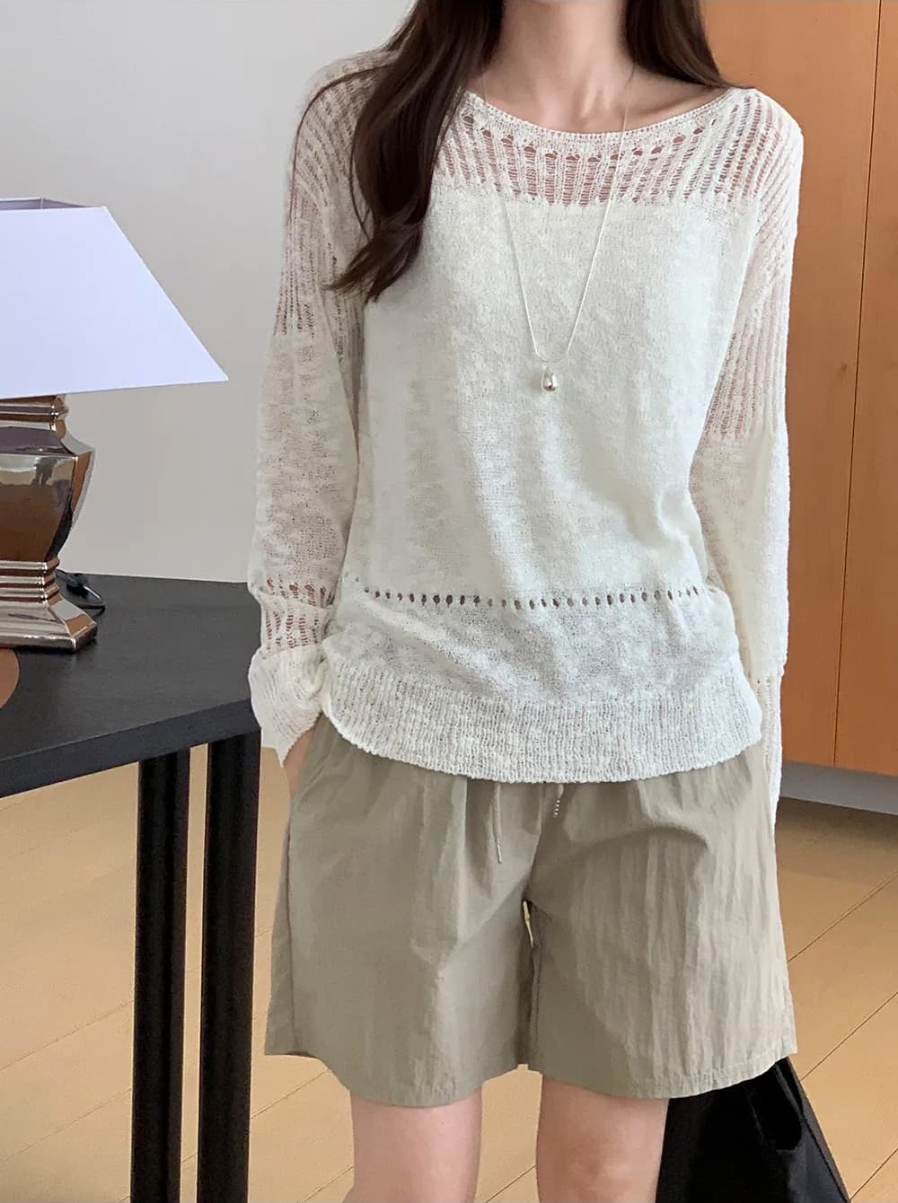 한국 스타일 일본식 루즈핏 니트 단색 중간 길이 홀로우 아웃 라운드 넥 해변 자외선 차단 풀오버 블라우스 얇은 긴팔 스웨터 상세 이미지 20