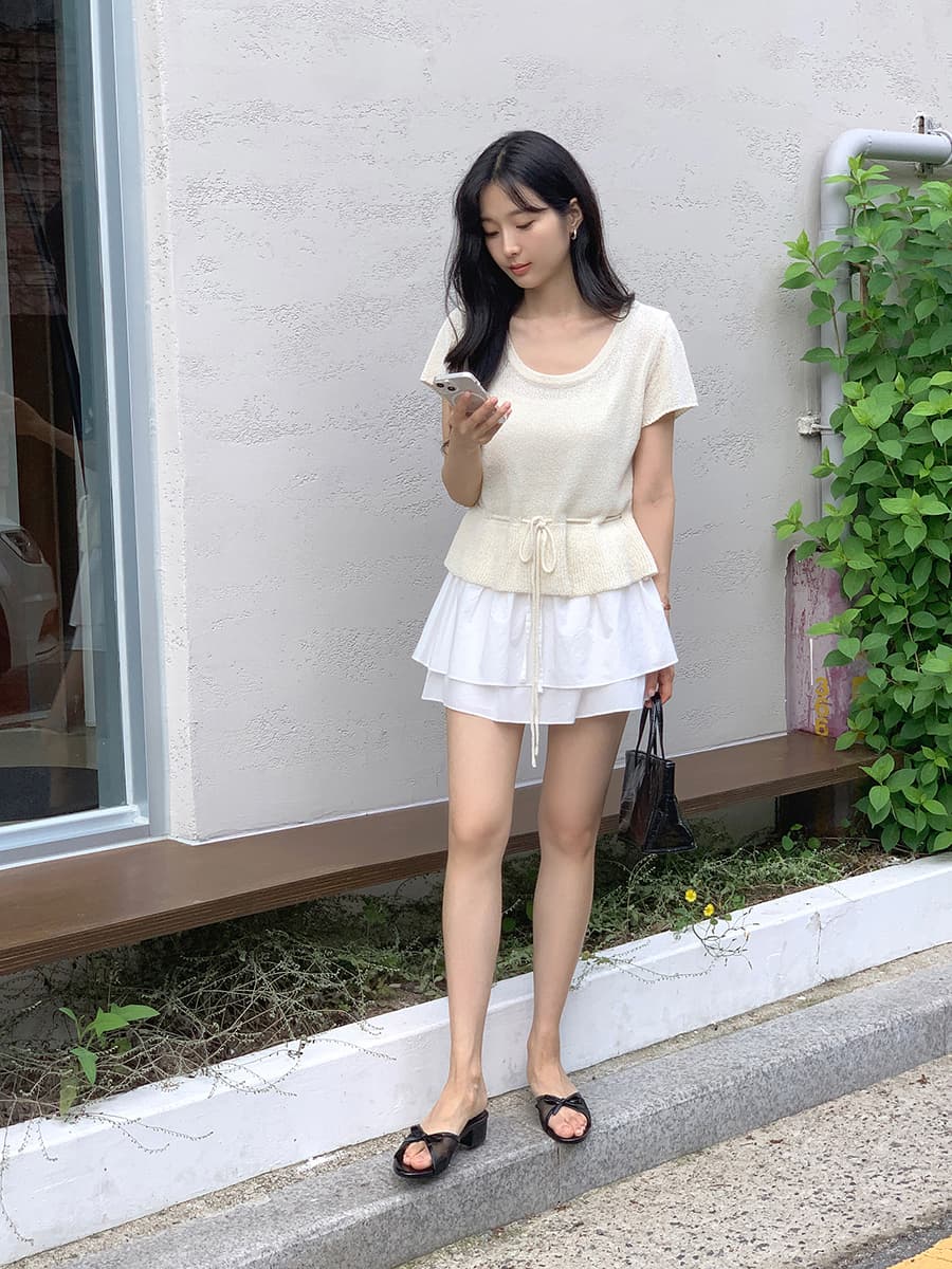 한 부서 u 칼라 펌프 로프 허리 수축 반팔 니트 스웨터 여성 2026 여름 얇은 스타일 홀로우 아웃 연꽃 잎 슬림해 보이는 스웨터 맨위 상세 이미지 9