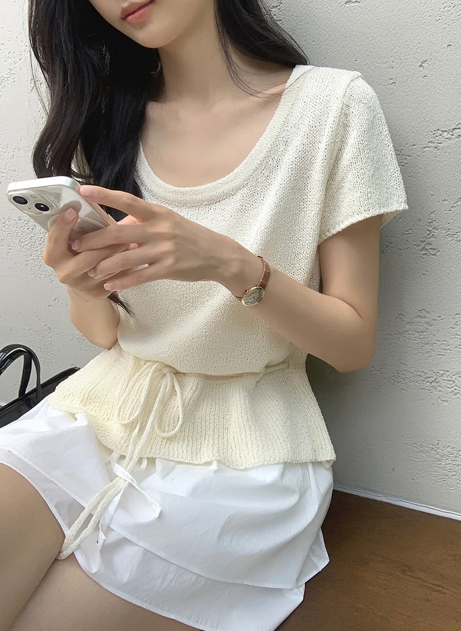 한 부서 u 칼라 펌프 로프 허리 수축 반팔 니트 스웨터 여성 2026 여름 얇은 스타일 홀로우 아웃 연꽃 잎 슬림해 보이는 스웨터 맨위 상세 이미지 13