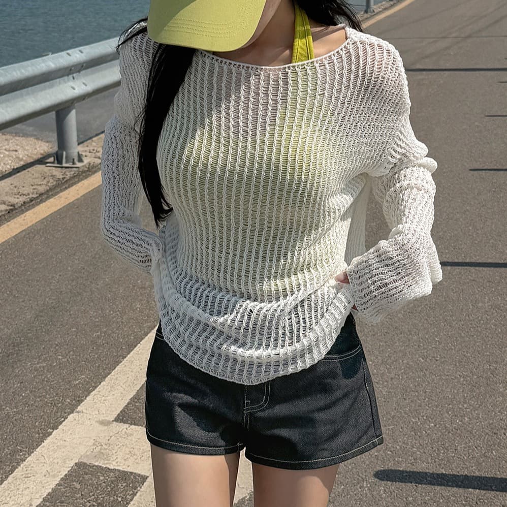 한국 스타일 ins 느긋한 바람 얼음 실크 해변 자외선 차단 블라우스 일본식 단색 긴팔 얇은 스타일 스웨터 니트 스웨터 여성 이미지 4
