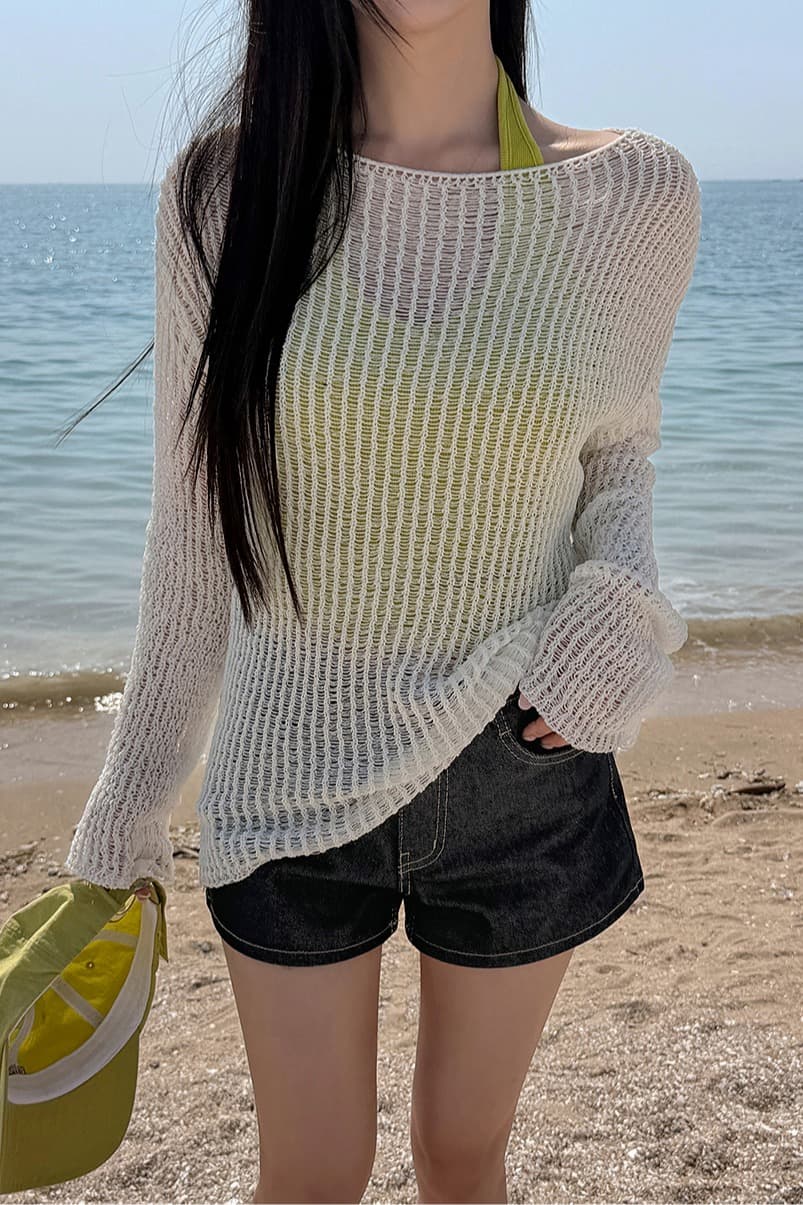 한국 스타일 ins 느긋한 바람 얼음 실크 해변 자외선 차단 블라우스 일본식 단색 긴팔 얇은 스타일 스웨터 니트 스웨터 여성 이미지 6