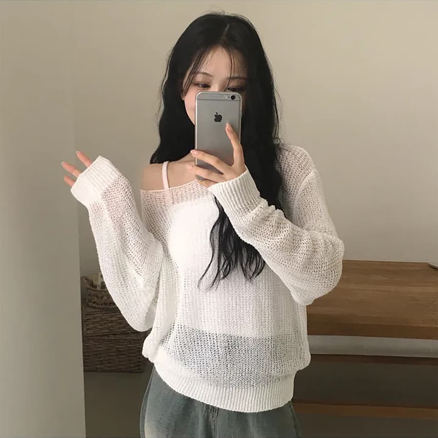 한국 스타일 단색 라운드 넥 중간 길이 풀오버 니트 스웨터 일본식 얼음 실크 자외선 차단 긴팔 얇은 스타일 스웨터 맨위 여성 상세 이미지 7