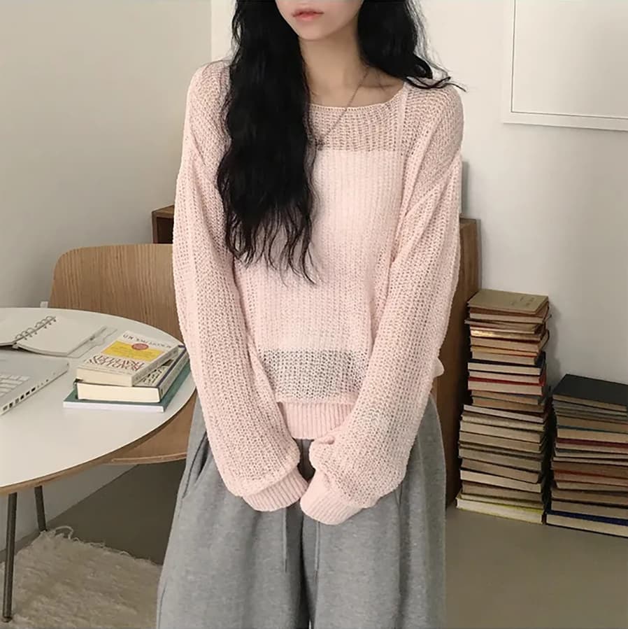 한국 스타일 단색 라운드 넥 중간 길이 풀오버 니트 스웨터 일본식 얼음 실크 자외선 차단 긴팔 얇은 스타일 스웨터 맨위 여성 상세 이미지 12