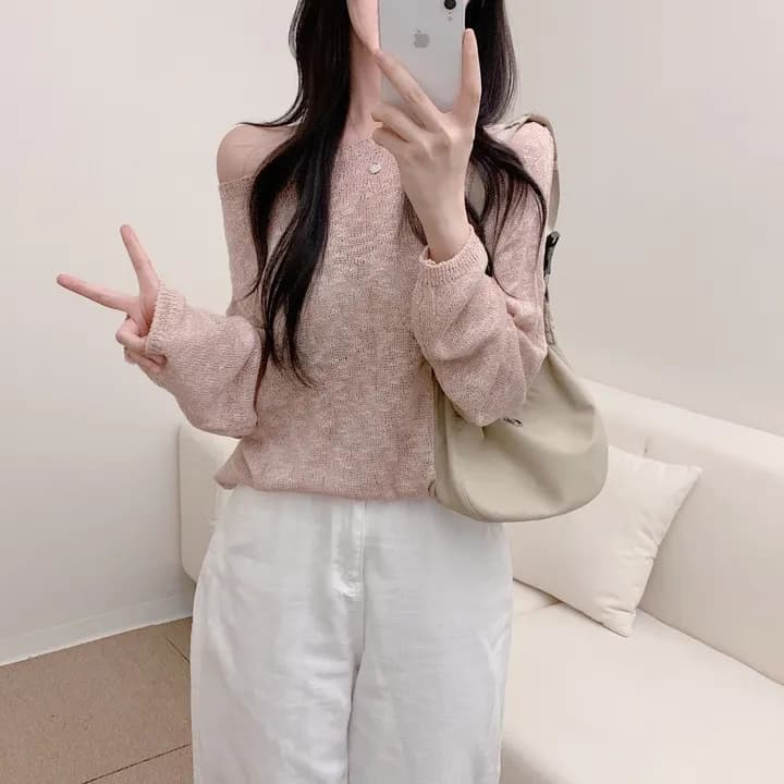 한국 스타일 눈꽃 질감 보트넥 오프숄더 풀오버 단색 니트 스웨터 일본식 얼음 실크 자외선 차단 블라우스 긴팔 스웨터 상세 이미지 8