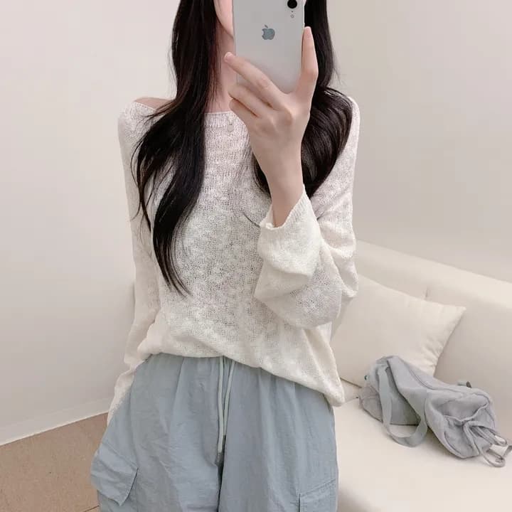 한국 스타일 눈꽃 질감 보트넥 오프숄더 풀오버 단색 니트 스웨터 일본식 얼음 실크 자외선 차단 블라우스 긴팔 스웨터 상세 이미지 12