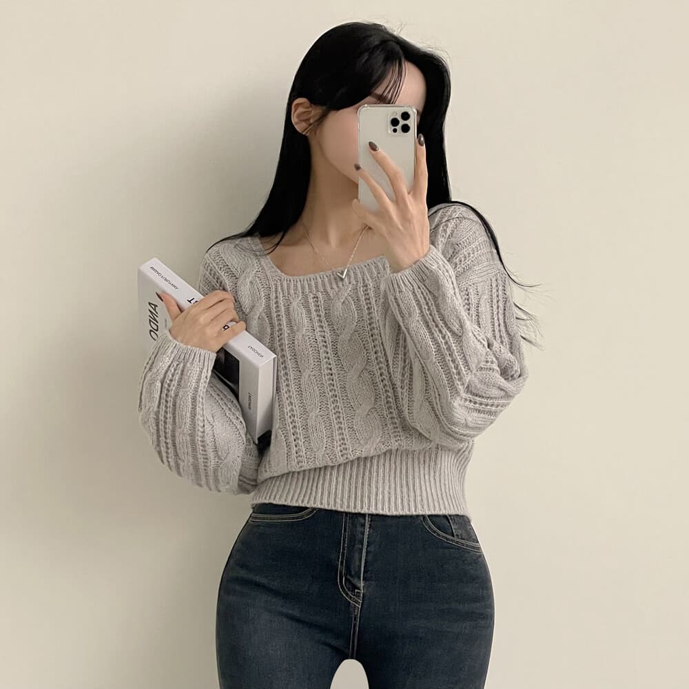 한국 스타일 단색 꽈배기 광장 칼라 풀오버 니트 스웨터 일본식 트위스트 로프 거품 소매 긴팔 허리 수축 쇼트 스타일 스웨터 여자 상세 이미지 1