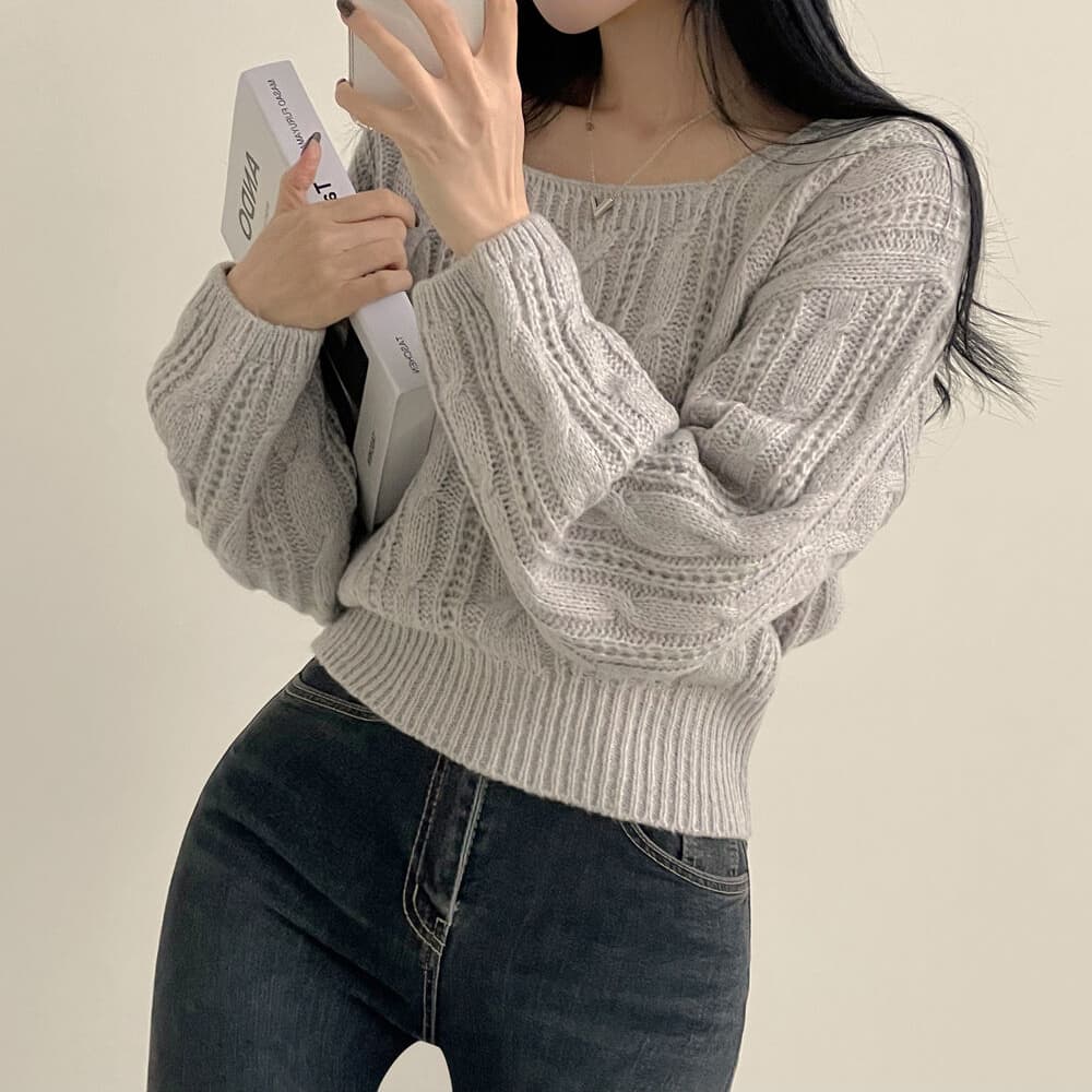 한국 스타일 단색 꽈배기 광장 칼라 풀오버 니트 스웨터 일본식 트위스트 로프 거품 소매 긴팔 허리 수축 쇼트 스타일 스웨터 여자 상세 이미지 2