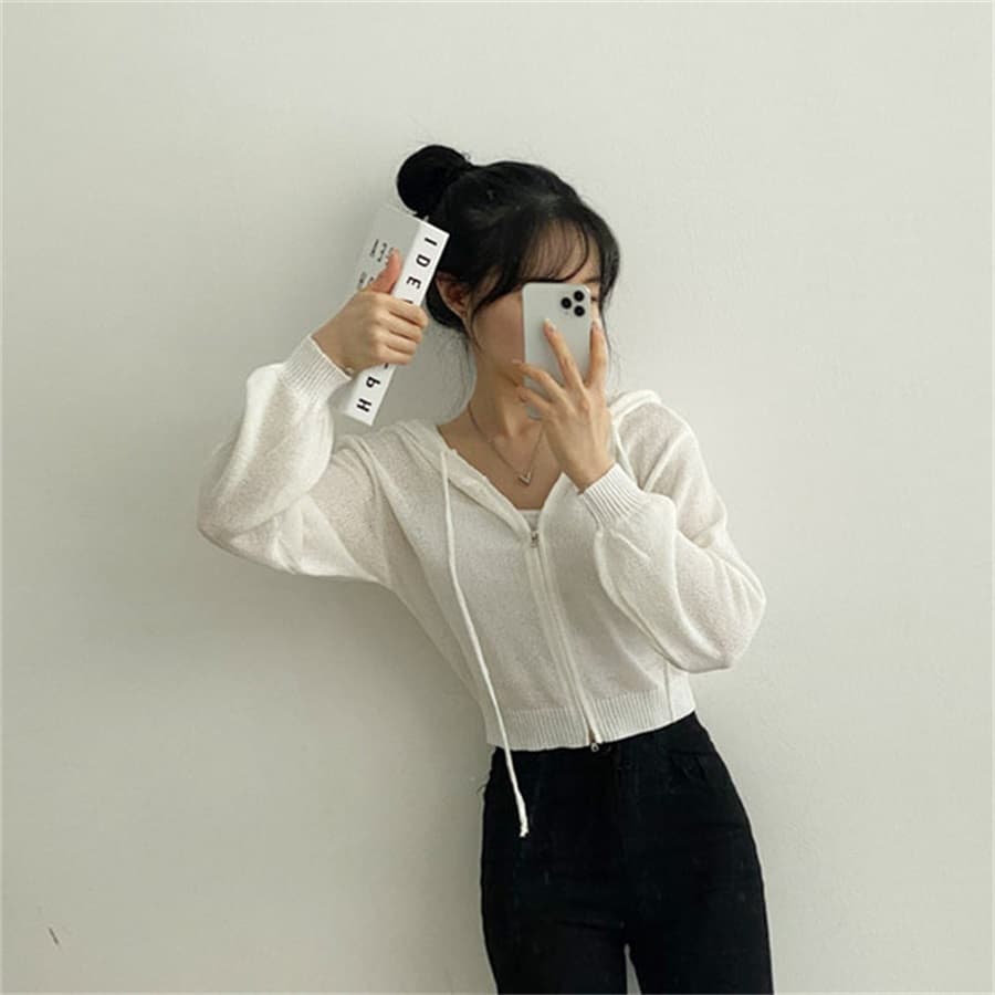 한국 스타일 가을 재킷 스웨터 레이스업 더블 지퍼 쇼트 스타일 니트 오픈 가디건 후드 얇은 스타일 단색 니트 스웨터 맨위 상세 이미지 12