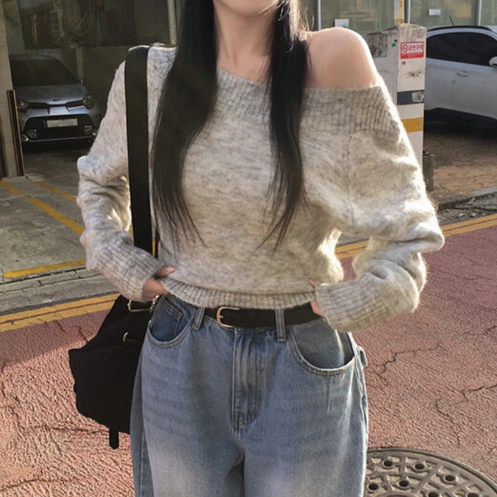 한국 스타일 단색 섹시함 보트넥 오프숄더 가을 겨울 두꺼운 풀오버 몸매 가꾸기 무거운 작업 일본식 니트 스웨터 스웨터 맨위 이미지 3