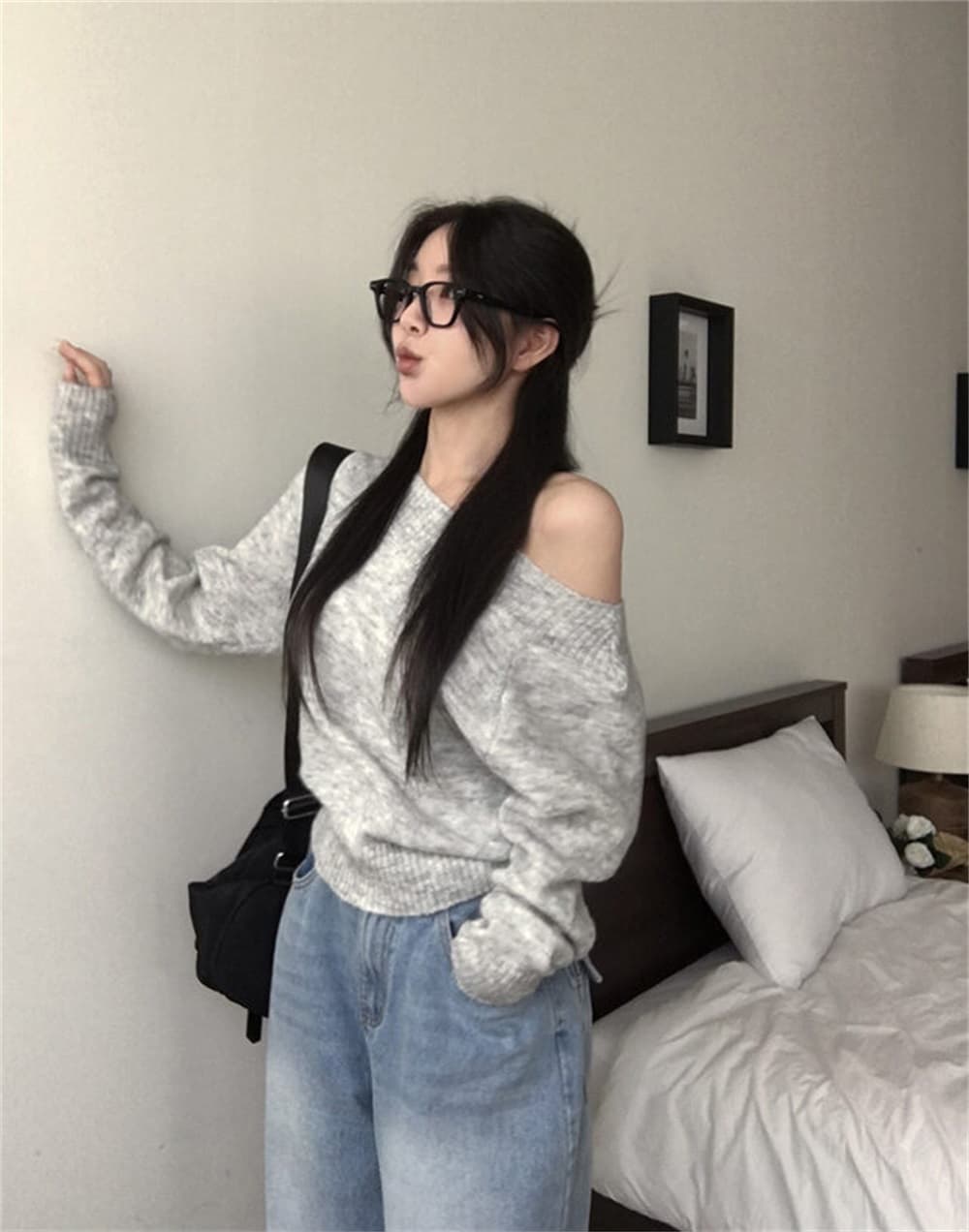 한국 스타일 단색 섹시함 보트넥 오프숄더 가을 겨울 두꺼운 풀오버 몸매 가꾸기 무거운 작업 일본식 니트 스웨터 스웨터 맨위 상세 이미지 2