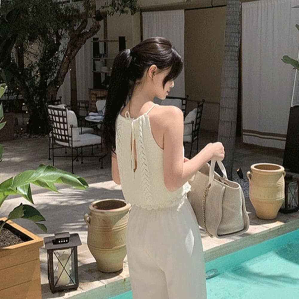 한국 스타일 단색 몸매 가꾸기 섹시함 행침 목 풀오버 레이스업 나비 매듭 민소매 꽈배기 외출용 속옷 니트 스웨터 조끼 이미지 2
