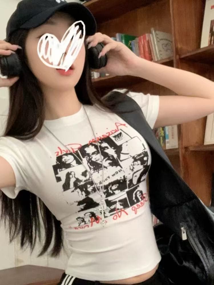 빅 사이즈 아메리칸 레트로 스타일 프린트 라운드 넥 반팔 티셔츠 몸매 가꾸기 슬림해 보이는 다용도 쇼트 스타일 맨위 상세 이미지 3