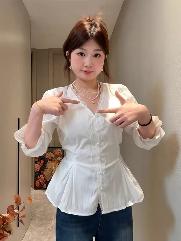 빅 사이즈 프랑스식 품격 레이스 조각 V넥 긴팔 여성 셔츠 가을 지방 mm 꼬집기 허리 자이언트 슬림해 보이는 화이트 맨위 상세 이미지 1