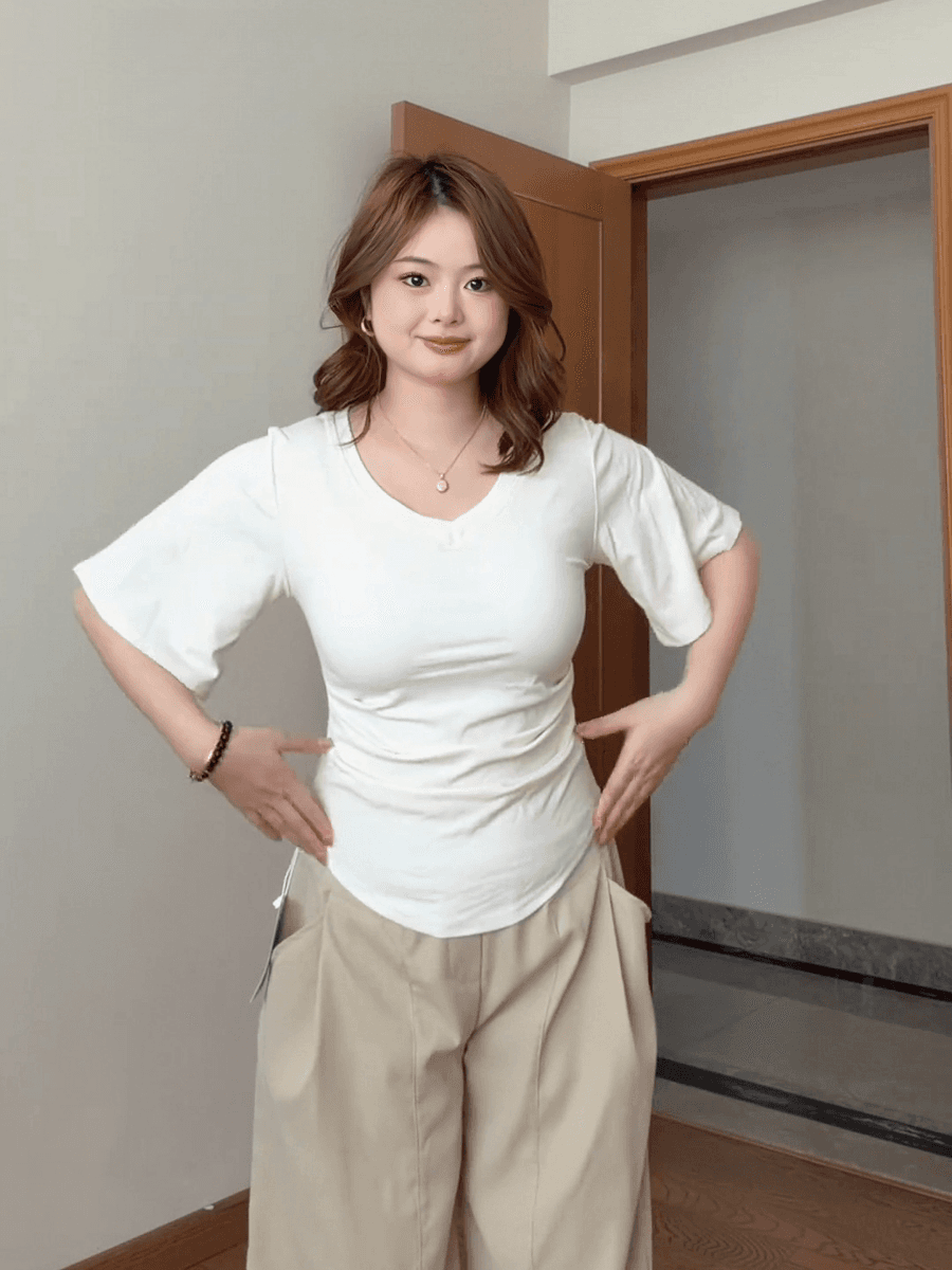 빅 사이즈 지방 mm 순수한 욕망 핫걸 바람 배트윙 소매 V넥 반팔 티셔츠 여름 새로운 고유 한 아름다운 표지 배 맨위 상세 이미지 1