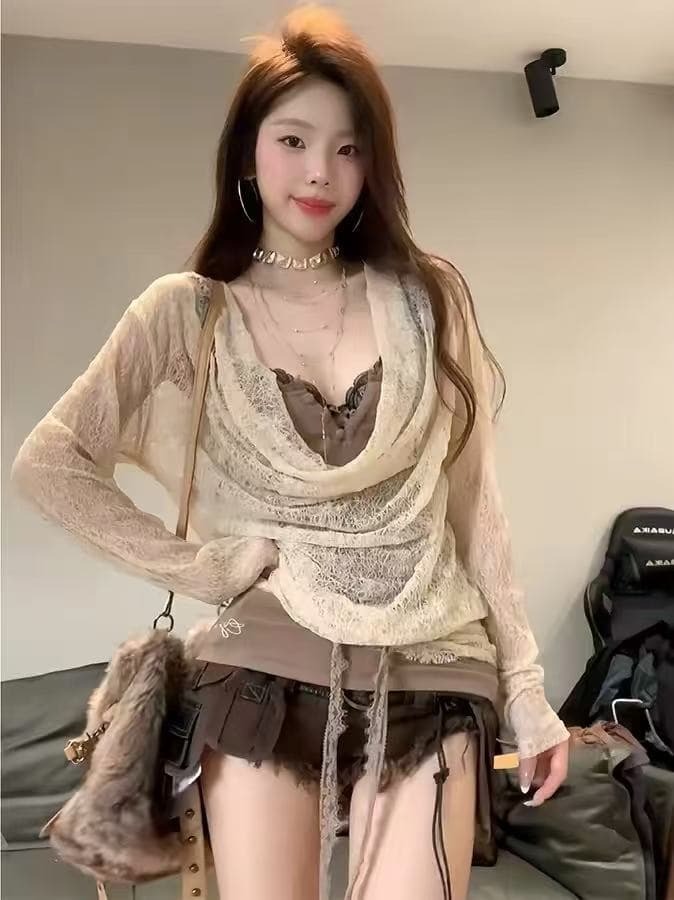 빅 사이즈 지방 mm 순수한 욕망 불모지 바람 레이스 말뚝 더미 칼라 니트 맨위 여성 여름 몸매 가꾸기 페이크 레이어드 슬립 작은 셔츠 상세 이미지 1