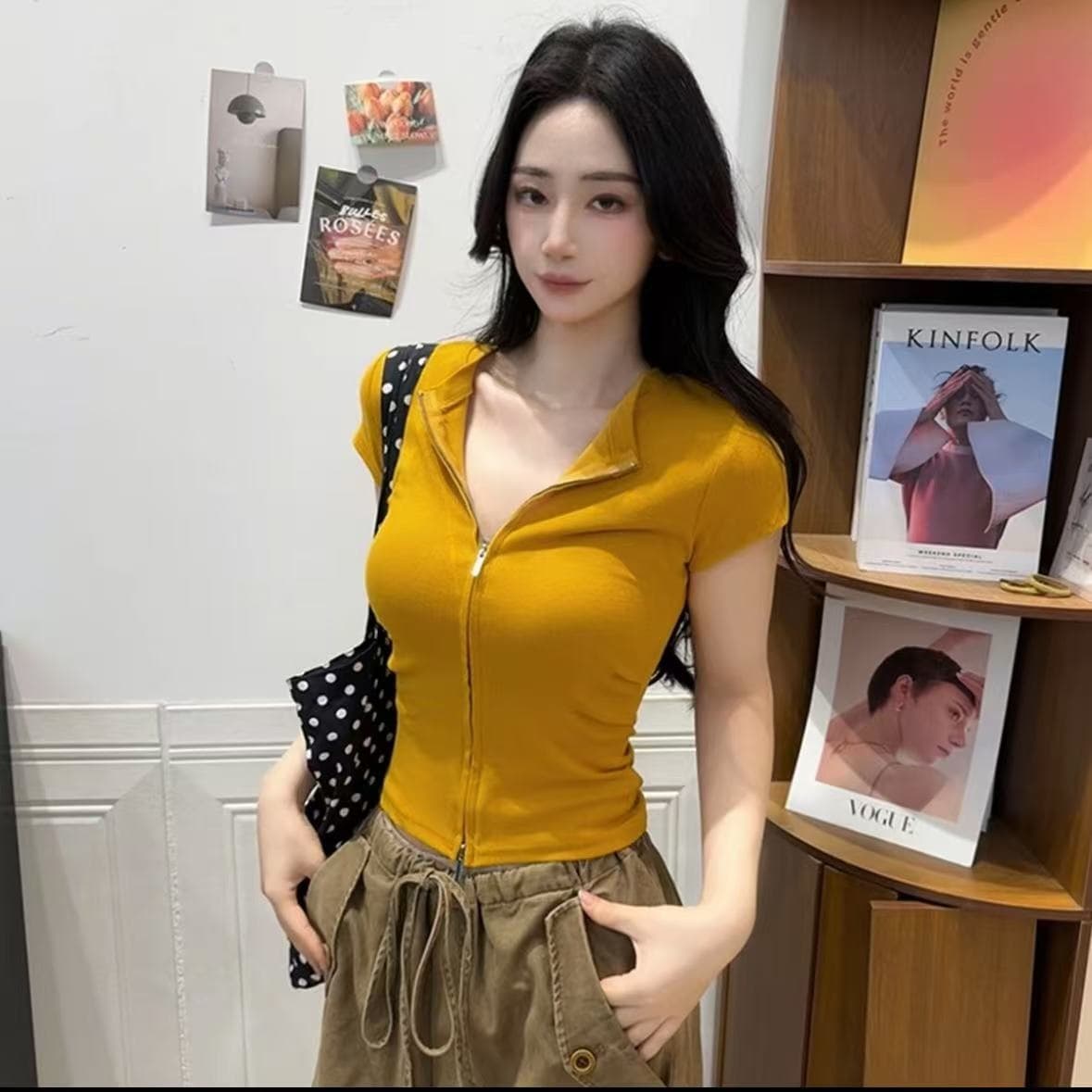 빅 사이즈 여성 의류 아메리칸 핫걸 지퍼 디자인 센스 긍정적 인 어깨 반팔 허리 수축 쇼트 스타일 맨위 티셔츠 여성
