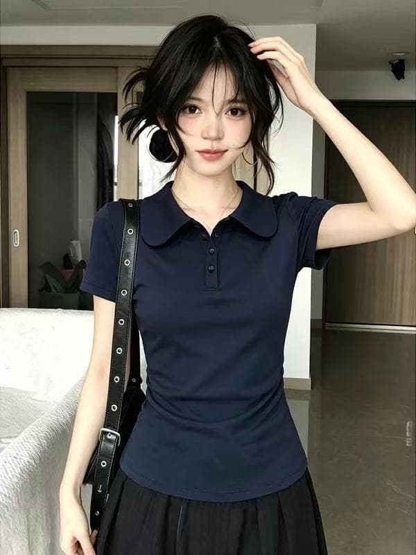 빅 사이즈 지방 mm 아메리칸 레트로 폴로 칼라 반팔 티셔츠 여성 여름 슬림해 보이는 품격 다용도 긍정적 인 어깨 POLO 셔츠 맨위 이미지 4