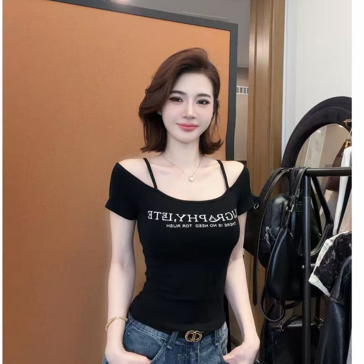 빅 사이즈 여성 의류 아메리칸 핫걸 보트넥 오프숄더 반팔 티셔츠 여성 여름 섹시함 몸매 가꾸기 슬림해 보이는 맨위 상세 이미지 2