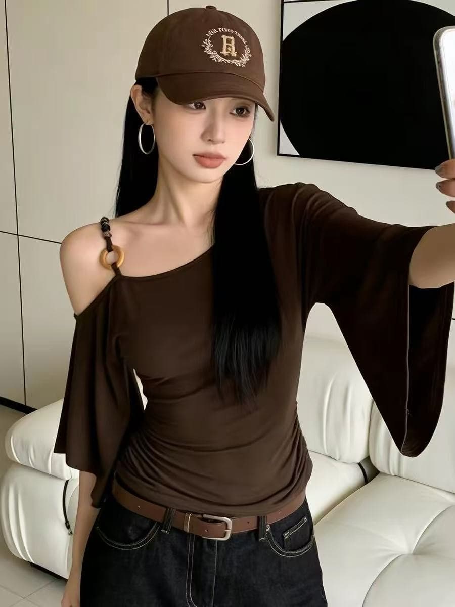 빅 사이즈 지방 mm 아메리칸 핫걸 바람 비스듬한 칼라 슬립 맨위 여름 섹시함 오프숄더 꼬집기 허리 슬림해 보이는 반팔 티셔츠 여성 상세 이미지 2
