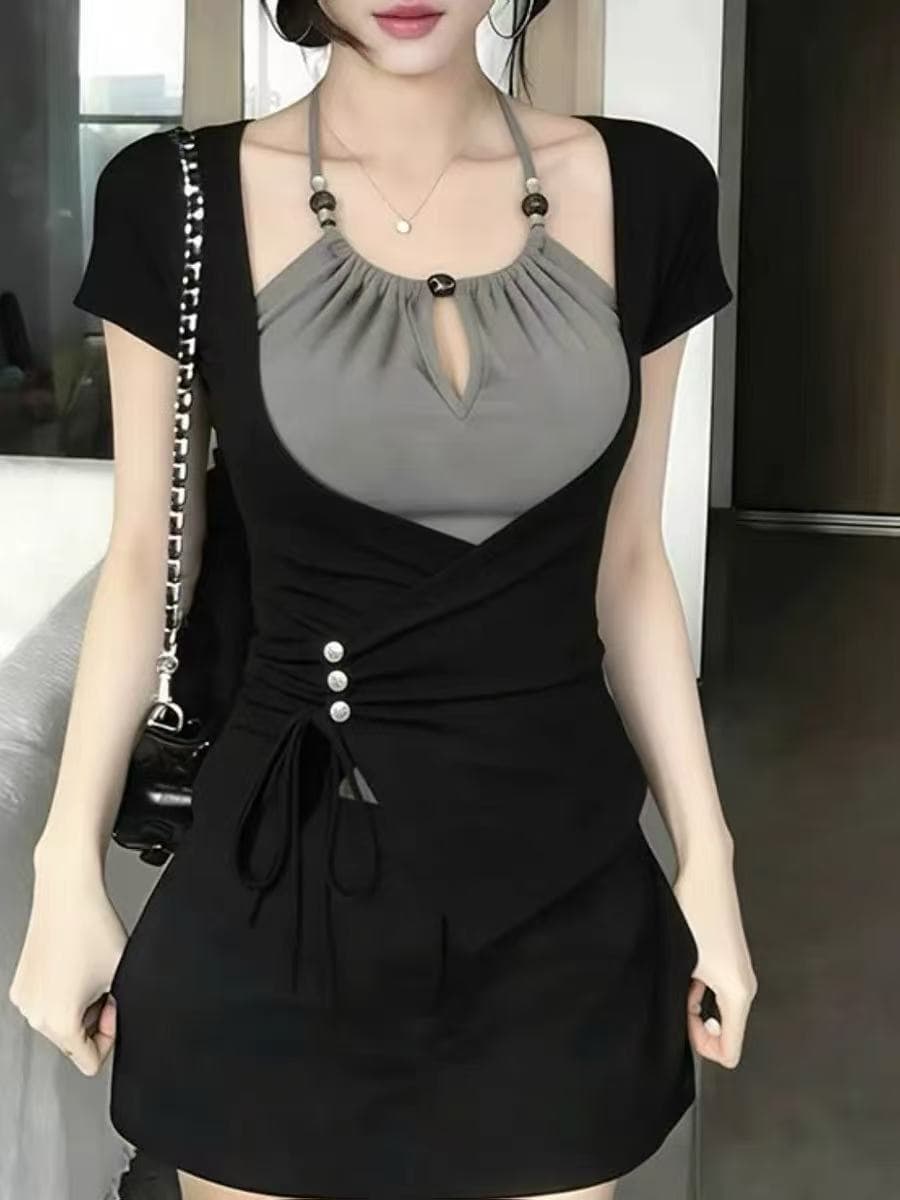 빅 사이즈 여성 의류 지방 mm 한 부서 페이크 레이어드 반팔 티셔츠 여름 새로운 몸매 가꾸기 표지 고기 슬림해 보이는 디자인 센스 맨위 상세 이미지 1