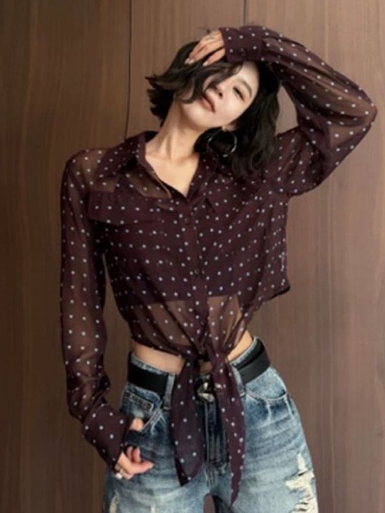 고급 센스 얇고 가벼운 자외선 차단 도트 무늬 여성 셔츠 여름 긴팔 새로운 프랑스식 패션 마이크로 ~을 통해 섹시함 쇼트 스타일 맨위 상세 이미지 4