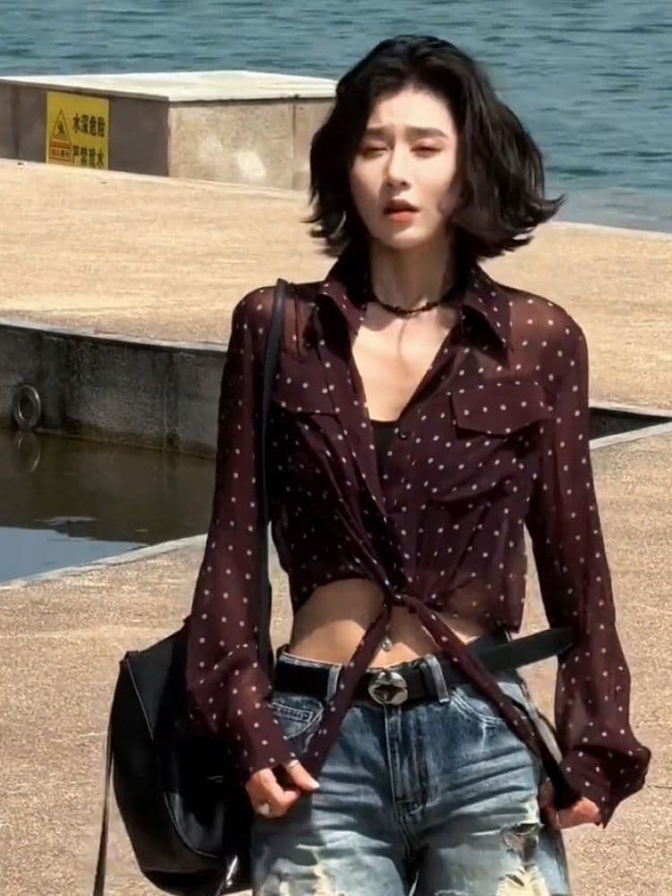 고급 센스 얇고 가벼운 자외선 차단 도트 무늬 여성 셔츠 여름 긴팔 새로운 프랑스식 패션 마이크로 ~을 통해 섹시함 쇼트 스타일 맨위 상세 이미지 5