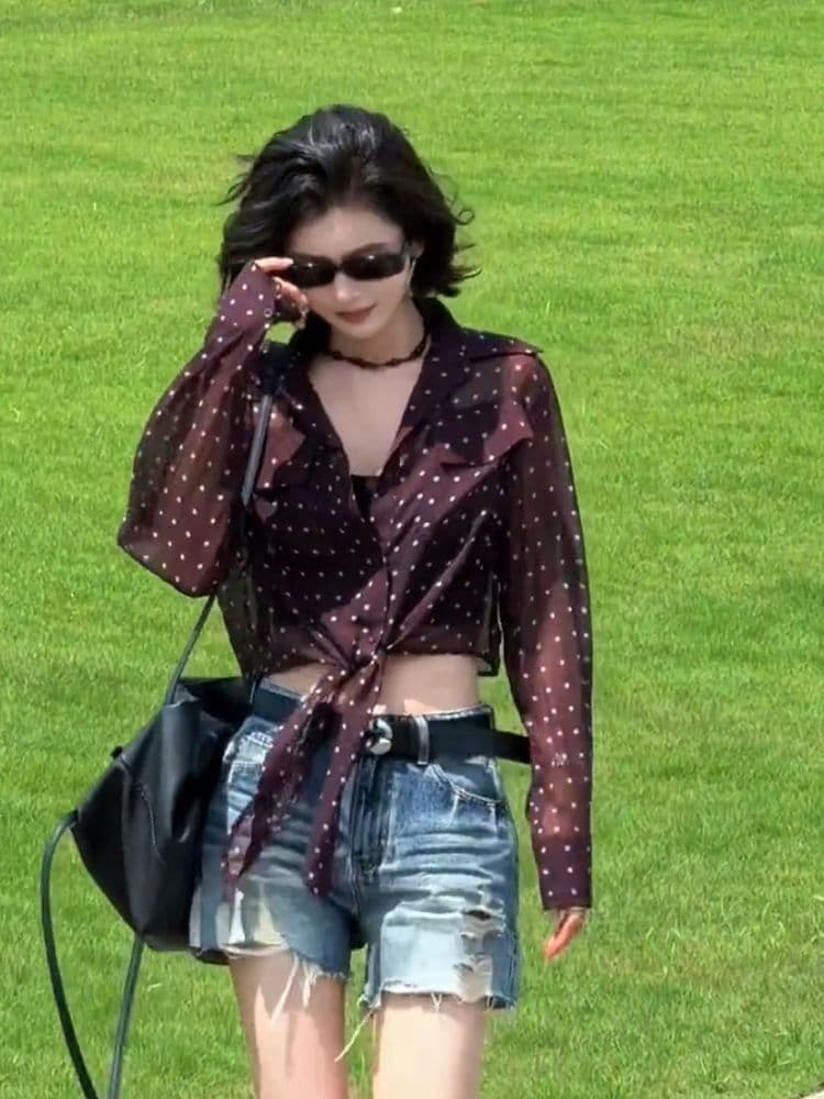 고급 센스 얇고 가벼운 자외선 차단 도트 무늬 여성 셔츠 여름 긴팔 새로운 프랑스식 패션 마이크로 ~을 통해 섹시함 쇼트 스타일 맨위 상세 이미지 6