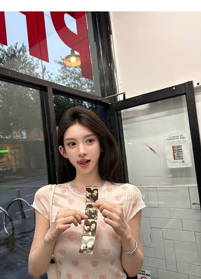 안녕하세요. 팬 팬 with love 하트 프린트 긍정적 인 어깨 레이스 반팔 티셔츠 상세 이미지 7