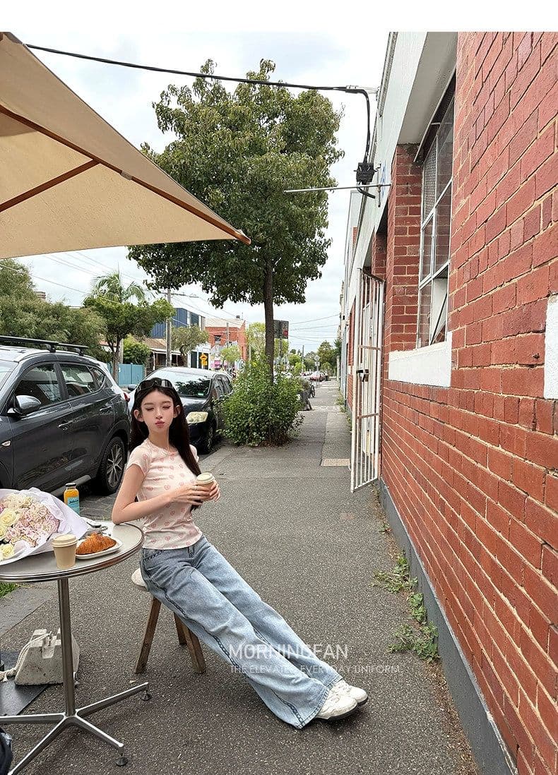 안녕하세요. 팬 팬 with love 하트 프린트 긍정적 인 어깨 레이스 반팔 티셔츠 상세 이미지 20
