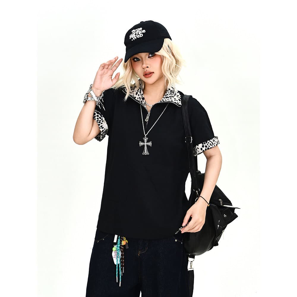 시각 부서 아메리칸 레트로 레오파드 무늬 하프 지퍼 POLO 셔츠 남자 2026 배색 패치워크 폴로 칼라 반팔 맨위 이미지 3