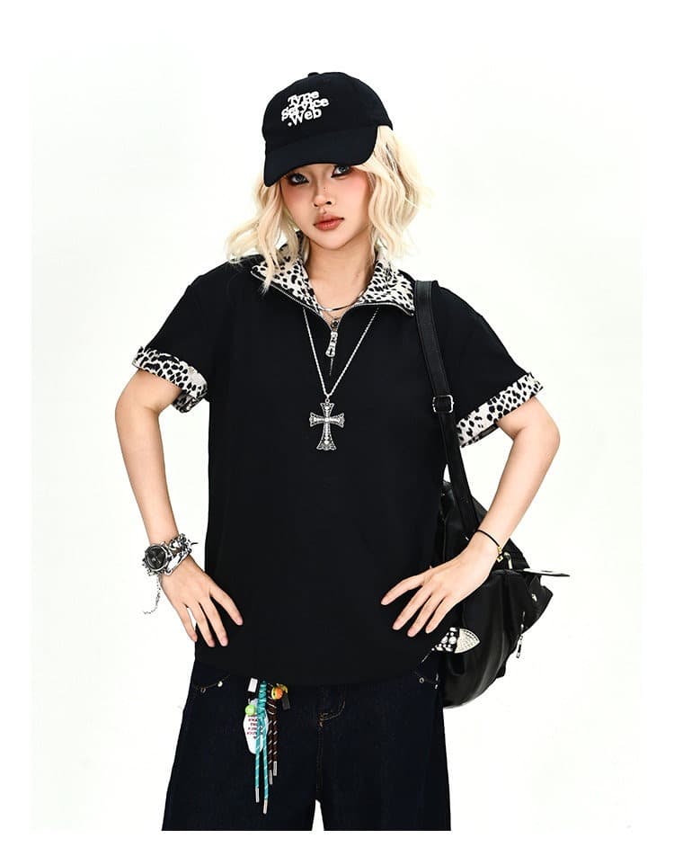 시각 부서 아메리칸 레트로 레오파드 무늬 하프 지퍼 POLO 셔츠 남자 2026 배색 패치워크 폴로 칼라 반팔 맨위 상세 이미지 4