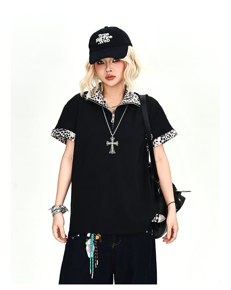 시각 부서 아메리칸 레트로 레오파드 무늬 하프 지퍼 POLO 셔츠 남자 2026 배색 패치워크 폴로 칼라 반팔 맨위 상세 이미지 10