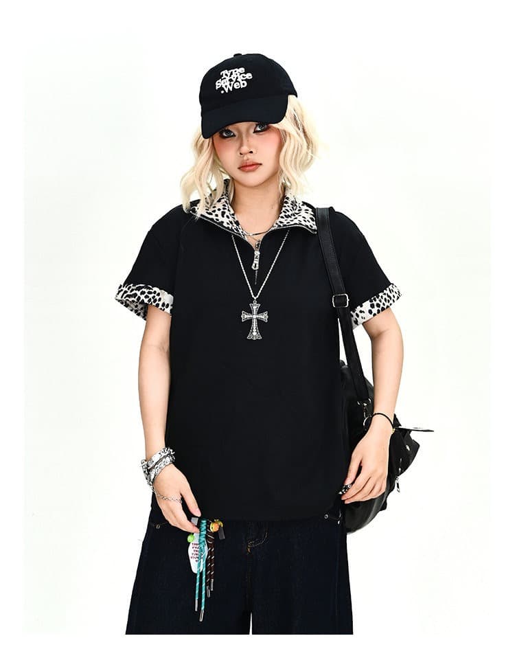 시각 부서 아메리칸 레트로 레오파드 무늬 하프 지퍼 POLO 셔츠 남자 2026 배색 패치워크 폴로 칼라 반팔 맨위 상세 이미지 11