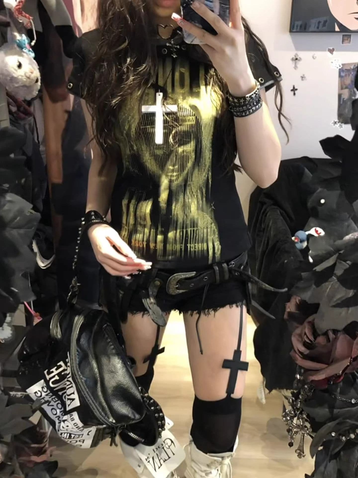 모달 면 검정색 펑크 초상화 프린트 몸매 가꾸기 티셔츠 여성 슬림해 보이는 페이크 레이어드 반팔 맨위 상세 이미지 1