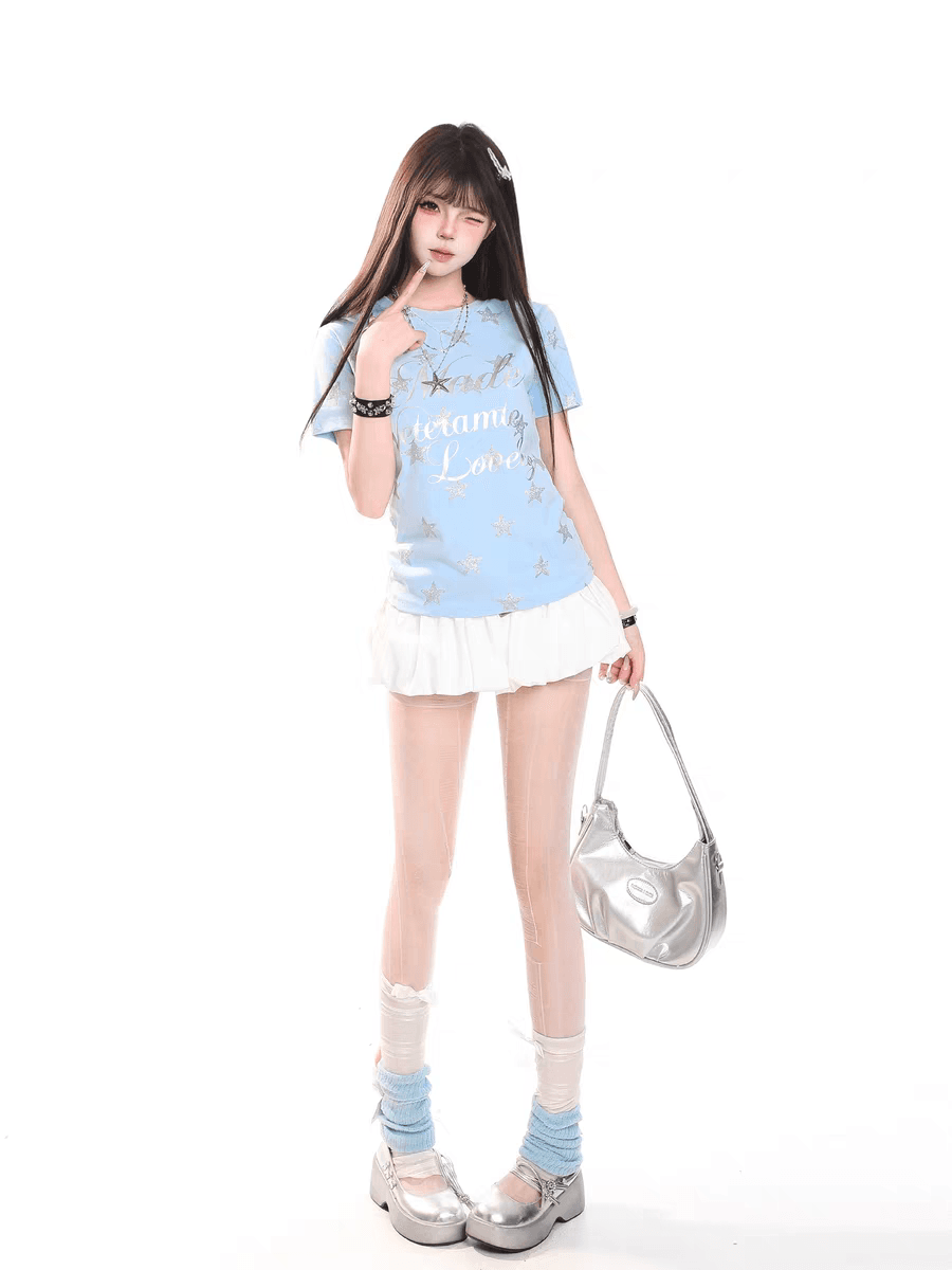 아메리칸 별 전체 인쇄 반팔 티셔츠 여성 여름 디자인 센스 작은 대중 몸매 가꾸기 슬림해 보이는 슈퍼 잘 생긴 긍정적 인 어깨 의류 트렌디 이미지 4