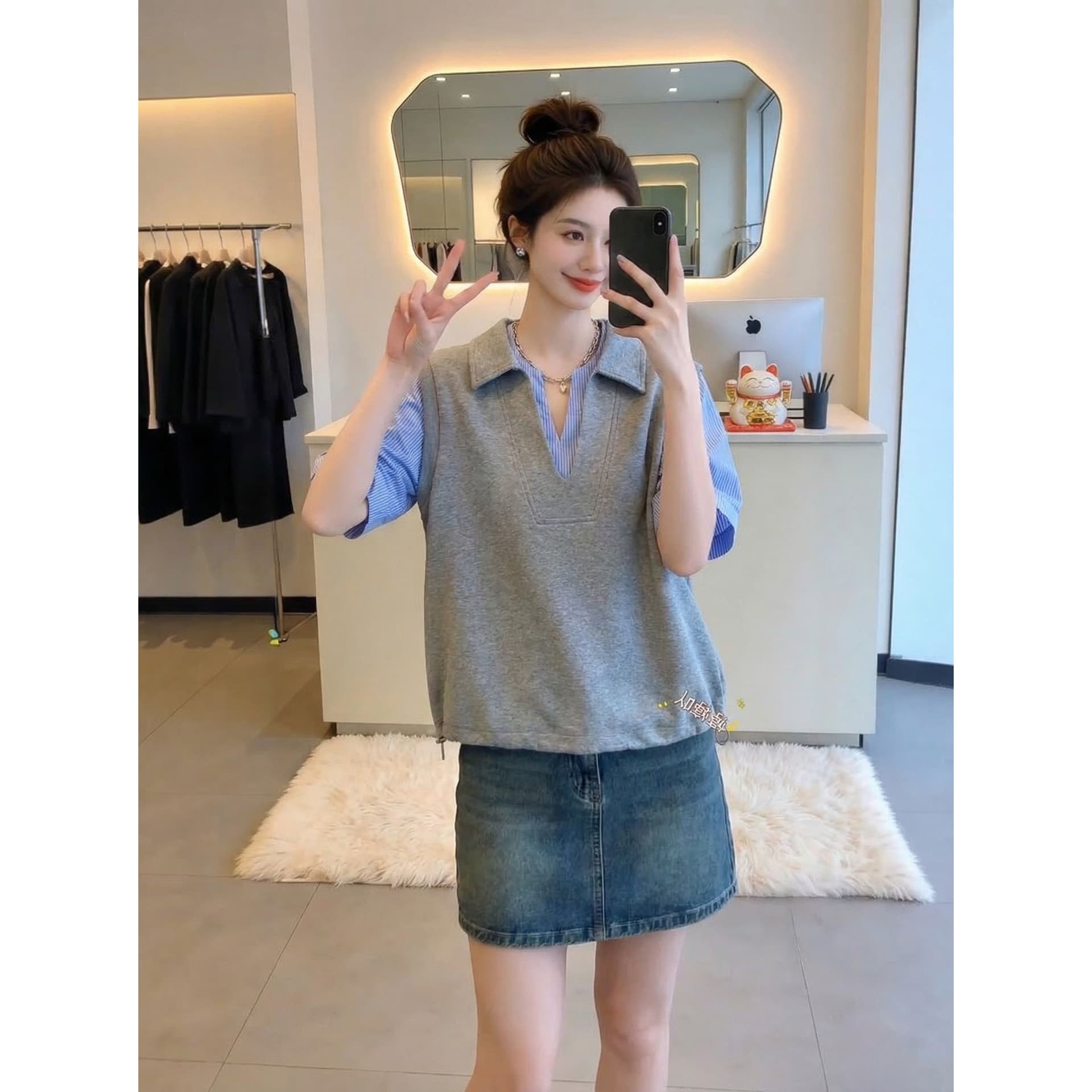 고급 스트라이프 셔츠 패치워크 POLO 칼라 반팔 티셔츠 여성 여름 새로운 빅 사이즈 지방 mm 루즈핏 맨위