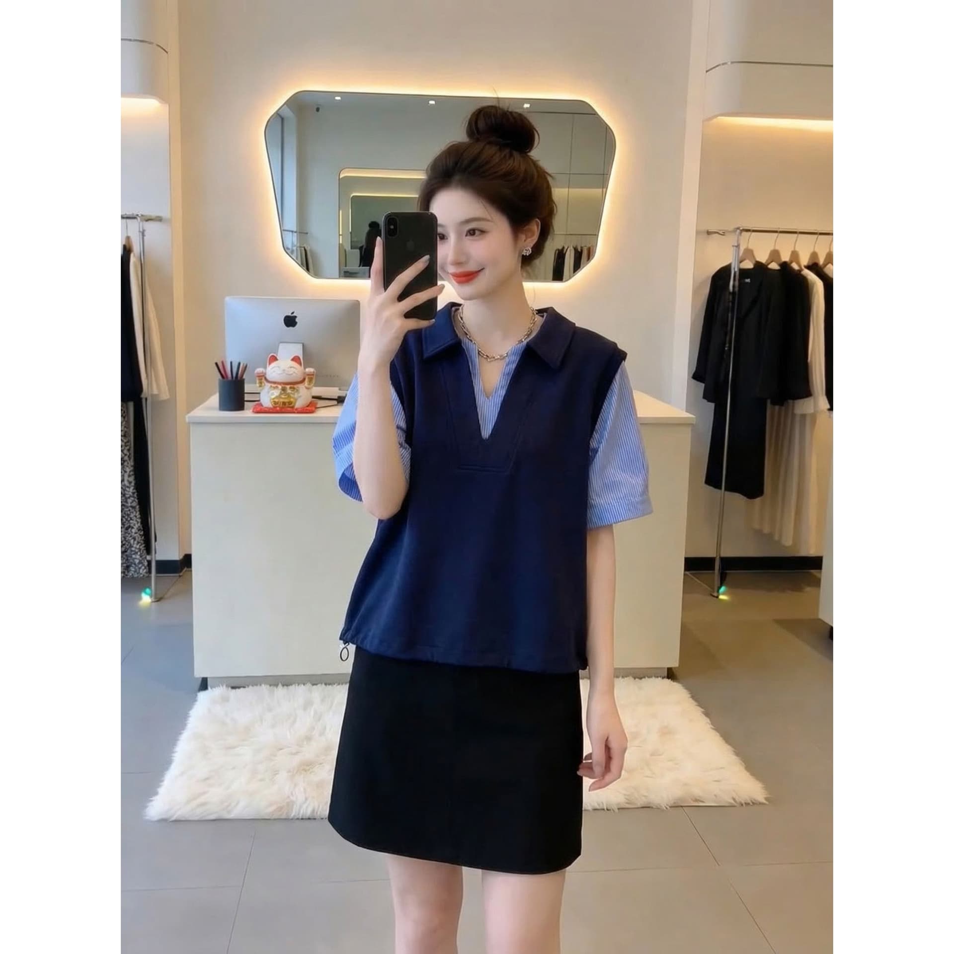 고급 스트라이프 셔츠 패치워크 POLO 칼라 반팔 티셔츠 여성 여름 새로운 빅 사이즈 지방 mm 루즈핏 맨위 이미지 3