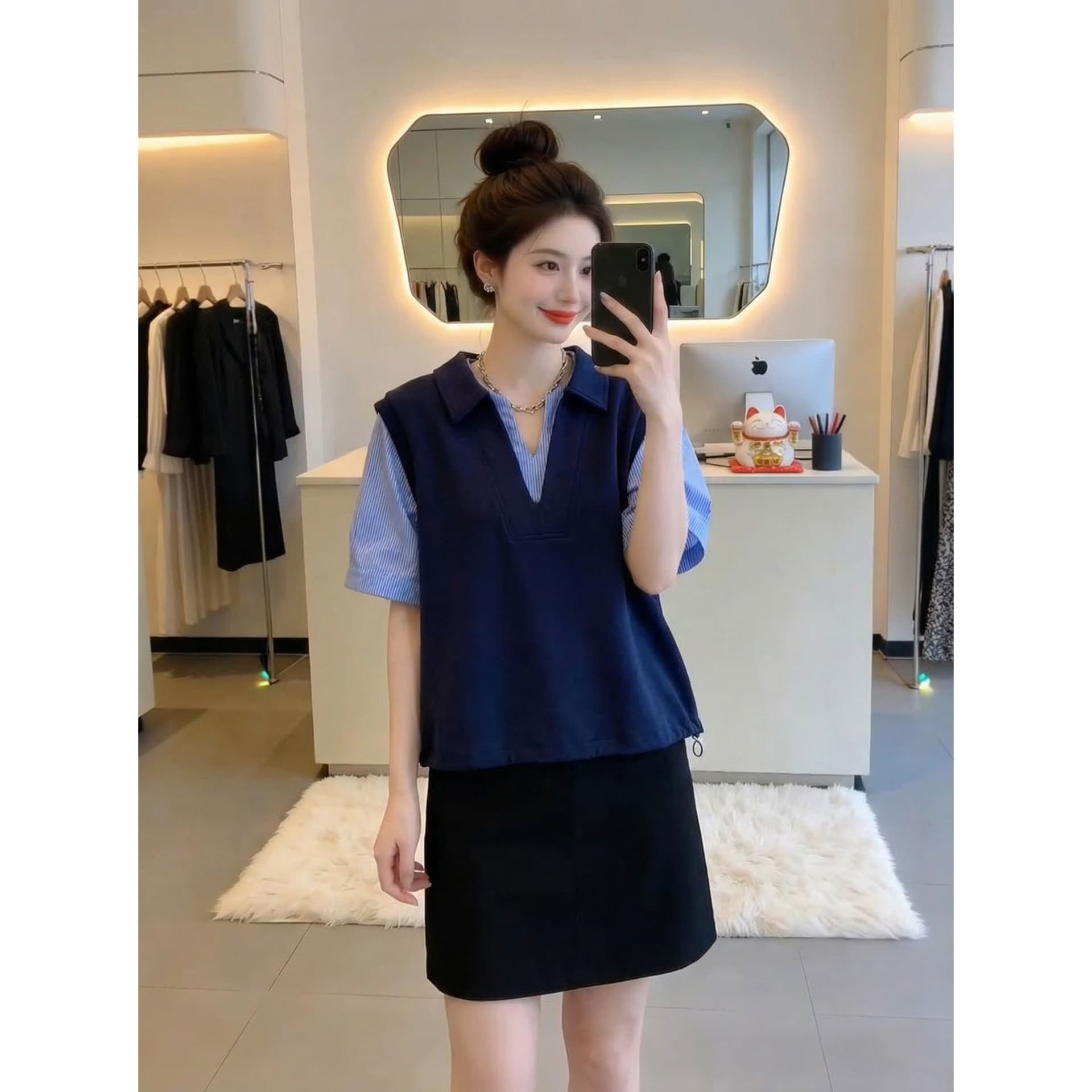 고급 스트라이프 셔츠 패치워크 POLO 칼라 반팔 티셔츠 여성 여름 새로운 빅 사이즈 지방 mm 루즈핏 맨위 상세 이미지 2