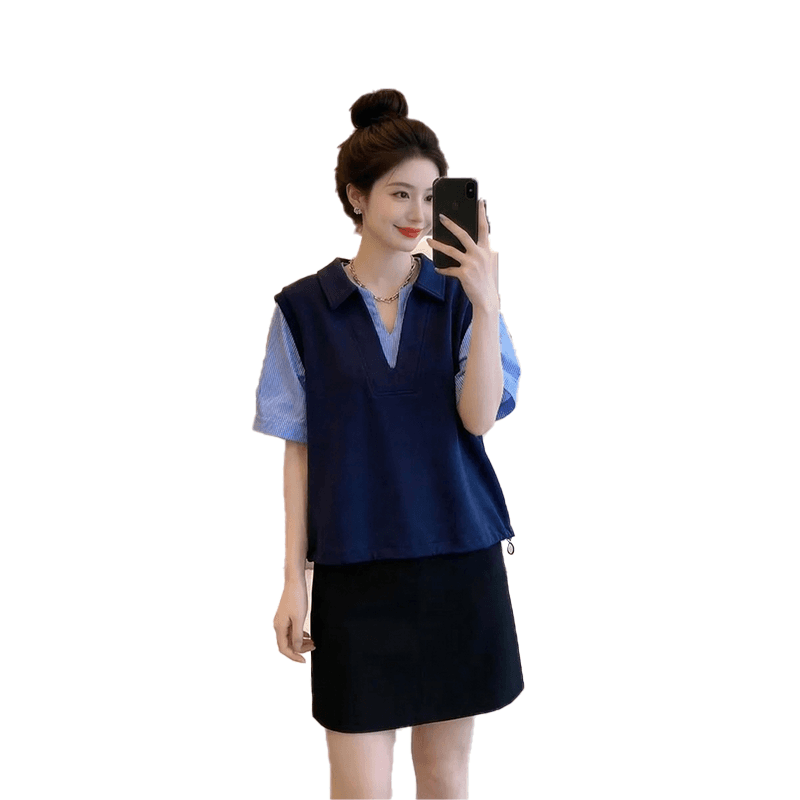 고급 스트라이프 셔츠 패치워크 POLO 칼라 반팔 티셔츠 여성 여름 새로운 빅 사이즈 지방 mm 루즈핏 맨위 상세 이미지 5