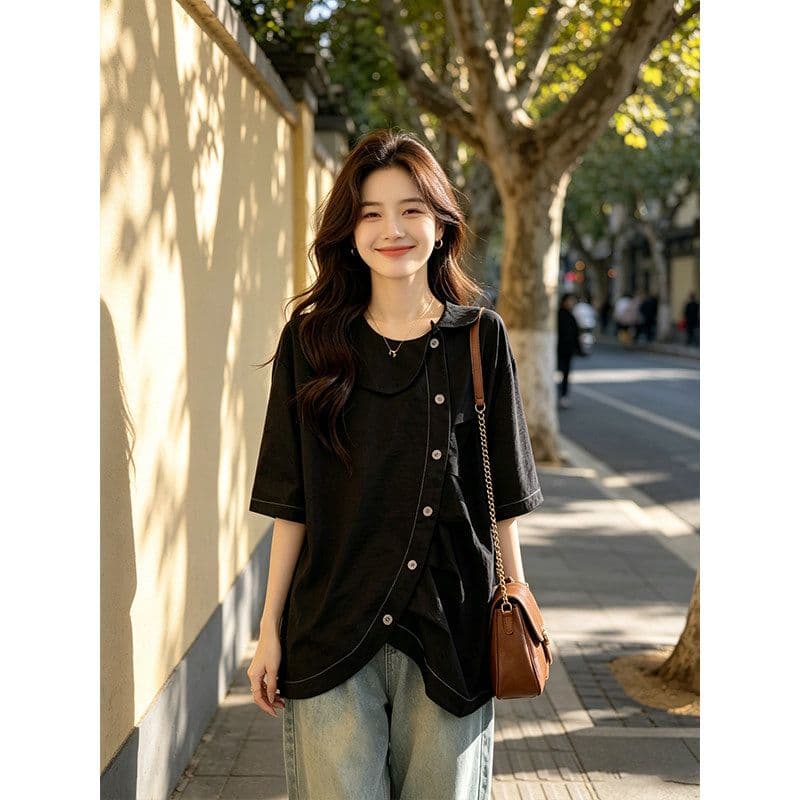 빅 사이즈 여름 반팔 여성 셔츠 고급 센스 연령 감소 외국 가스 베이비 칼라 표지 배 슬림해 보이는 맨위 지방 mm 300 근 이미지 5