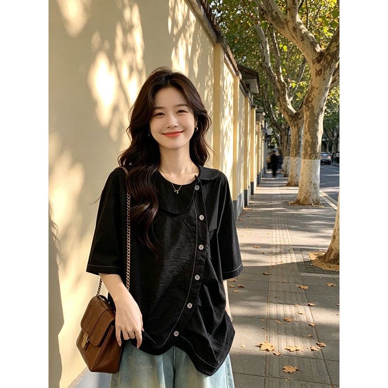 빅 사이즈 여름 반팔 여성 셔츠 고급 센스 연령 감소 외국 가스 베이비 칼라 표지 배 슬림해 보이는 맨위 지방 mm 300 근 상세 이미지 5