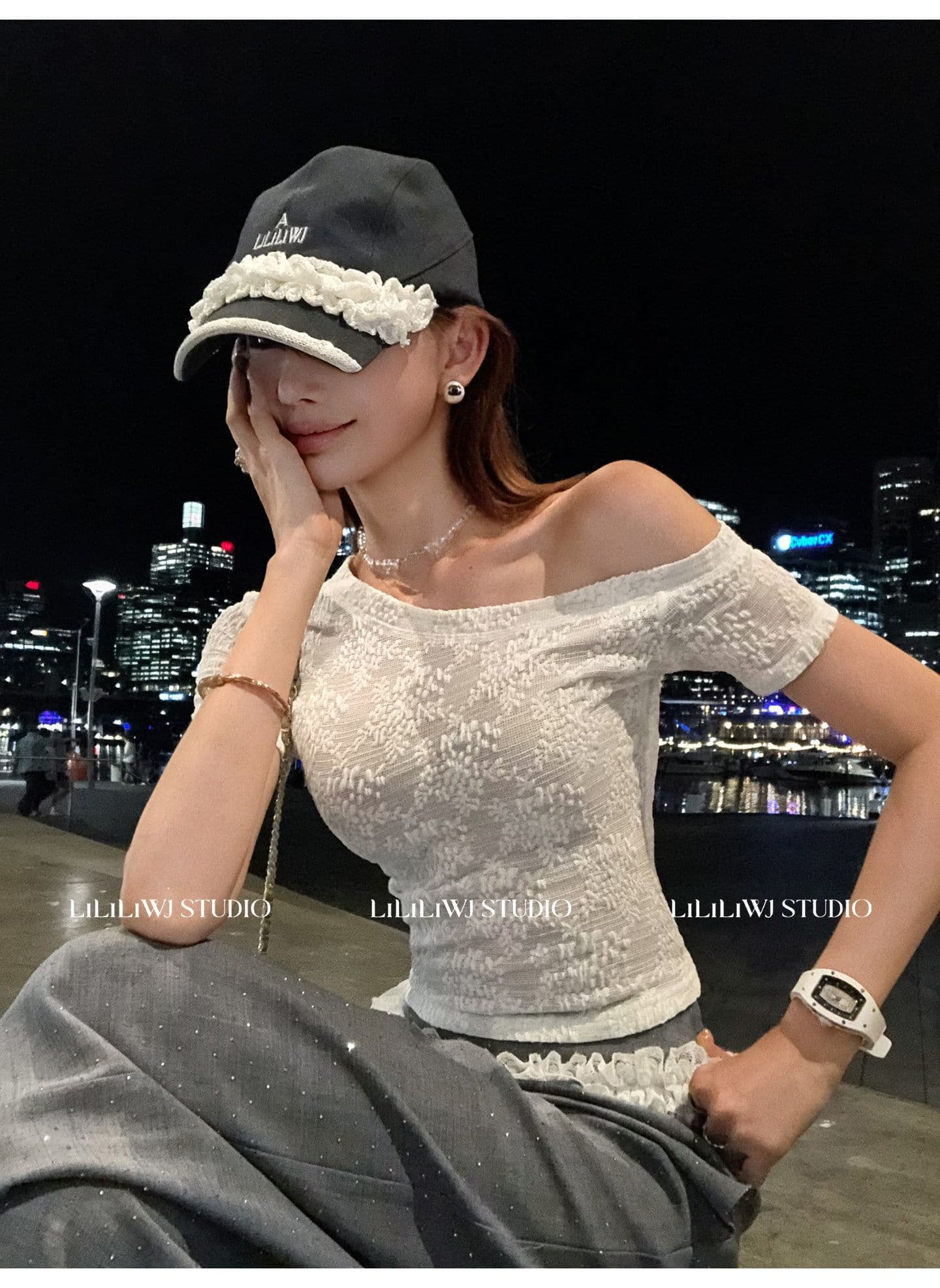리 부드럽게 6 월 하나 의류 세 착용 작은 대중 디자인 비스듬한 어깨 레이스 티셔츠 여성 몸매 가꾸기 슬림해 보이는 반팔 맨위 상세 이미지 2