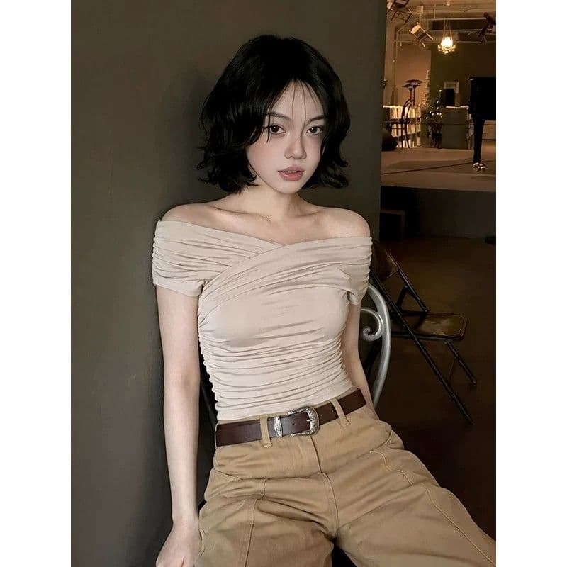 260 그램 사람들 면 디자인 센스 오프숄더 맨위 여성 여름 한 부서 펌프 Pleat 슬림해 보이는 반팔 몸매 가꾸기 핫걸 티셔츠 이미지 5