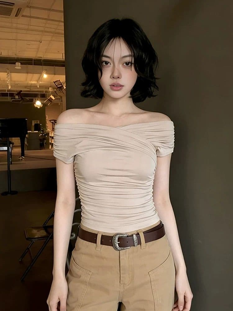 260 그램 사람들 면 디자인 센스 오프숄더 맨위 여성 여름 한 부서 펌프 Pleat 슬림해 보이는 반팔 몸매 가꾸기 핫걸 티셔츠 상세 이미지 2