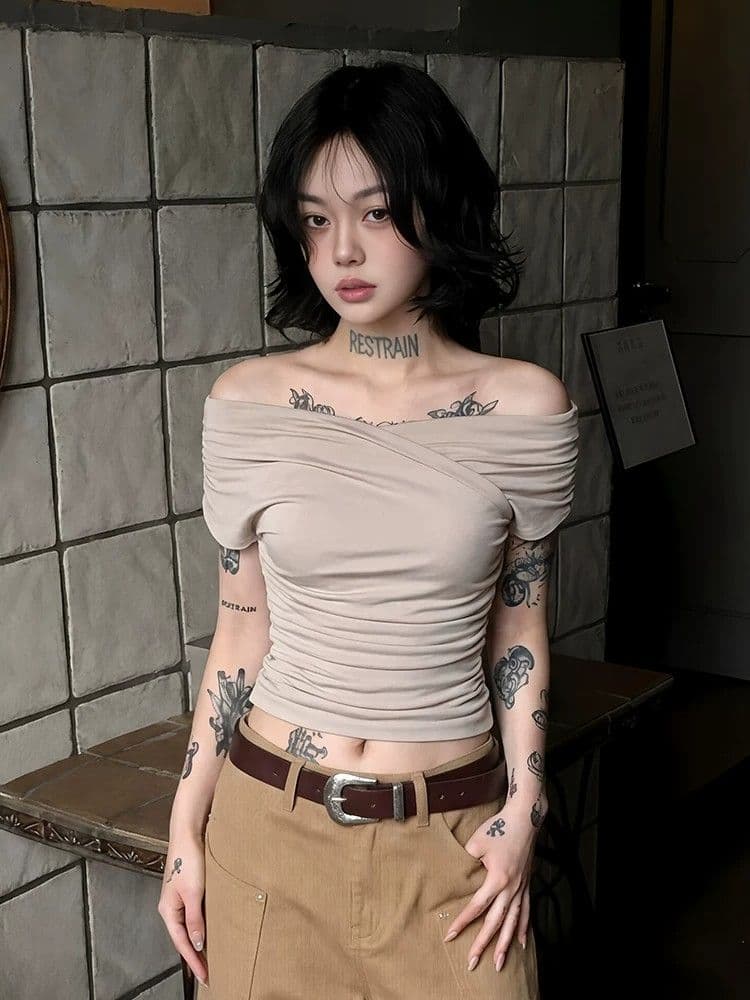 260 그램 사람들 면 디자인 센스 오프숄더 맨위 여성 여름 한 부서 펌프 Pleat 슬림해 보이는 반팔 몸매 가꾸기 핫걸 티셔츠 상세 이미지 3