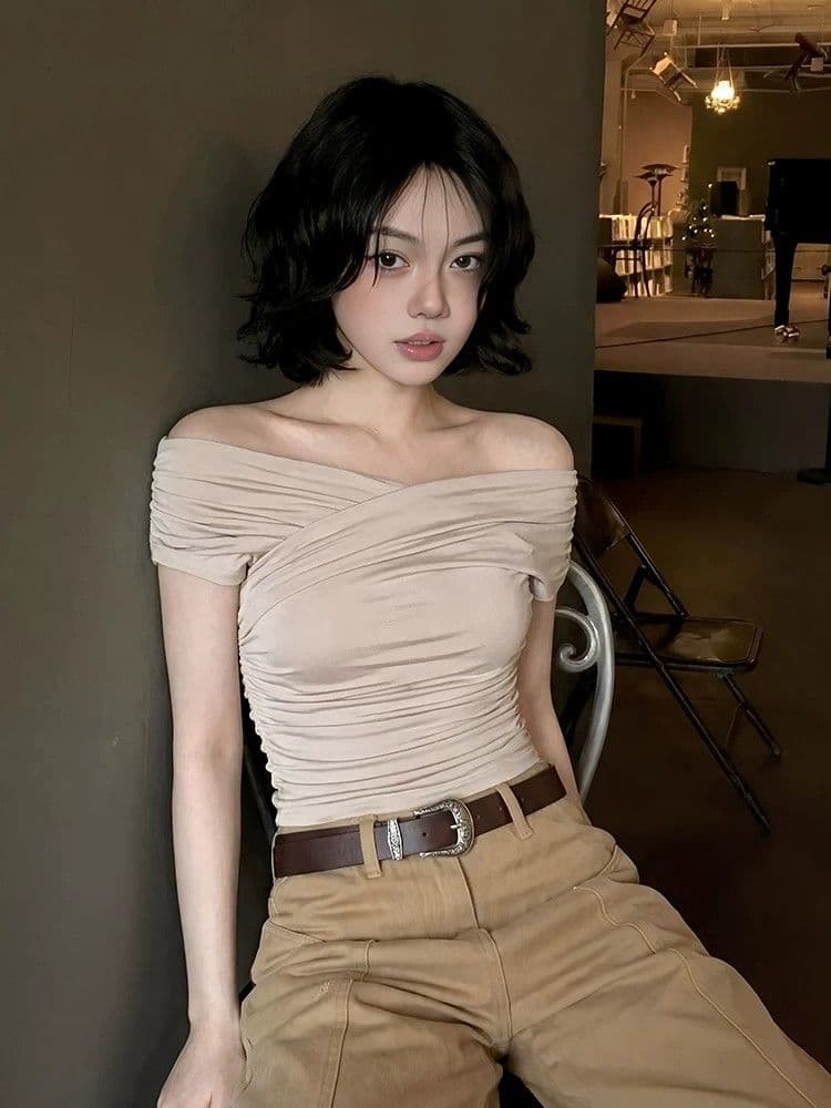260 그램 사람들 면 디자인 센스 오프숄더 맨위 여성 여름 한 부서 펌프 Pleat 슬림해 보이는 반팔 몸매 가꾸기 핫걸 티셔츠 상세 이미지 4