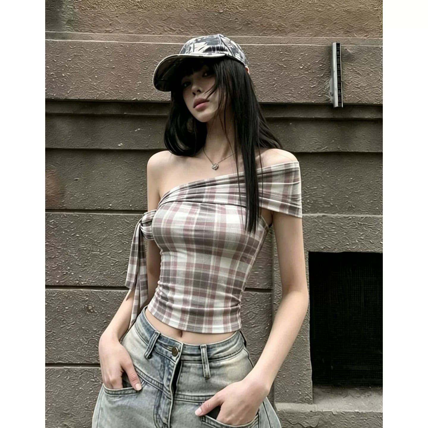 아메리칸 핫걸 비스듬한 어깨 체크무늬 티셔츠 여성용 짧은 소매 여름 레이스업 몸매 가꾸기 쇼트 스타일 오프숄더 섹시함 오프숄더 맨위 상세 이미지 3
