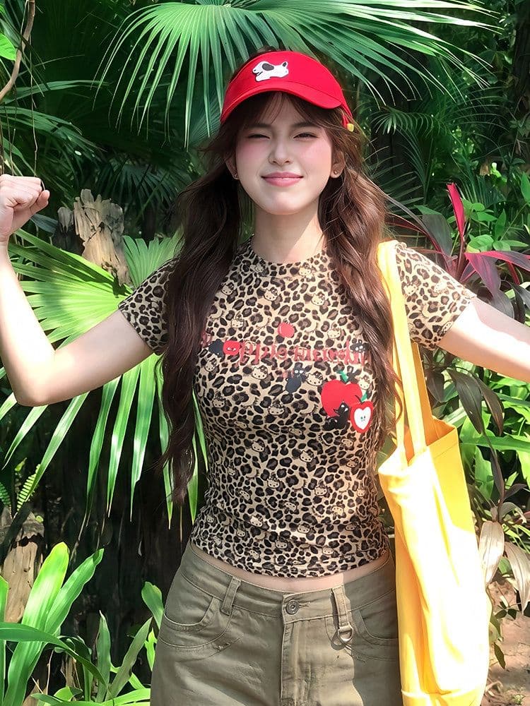260 그램 사람들 면 모달 아메리칸 새로운 프린트 ins 레오파드 무늬 티셔츠 여성 몸매 가꾸기 반팔 맨위 반팔 여성 이미지 3