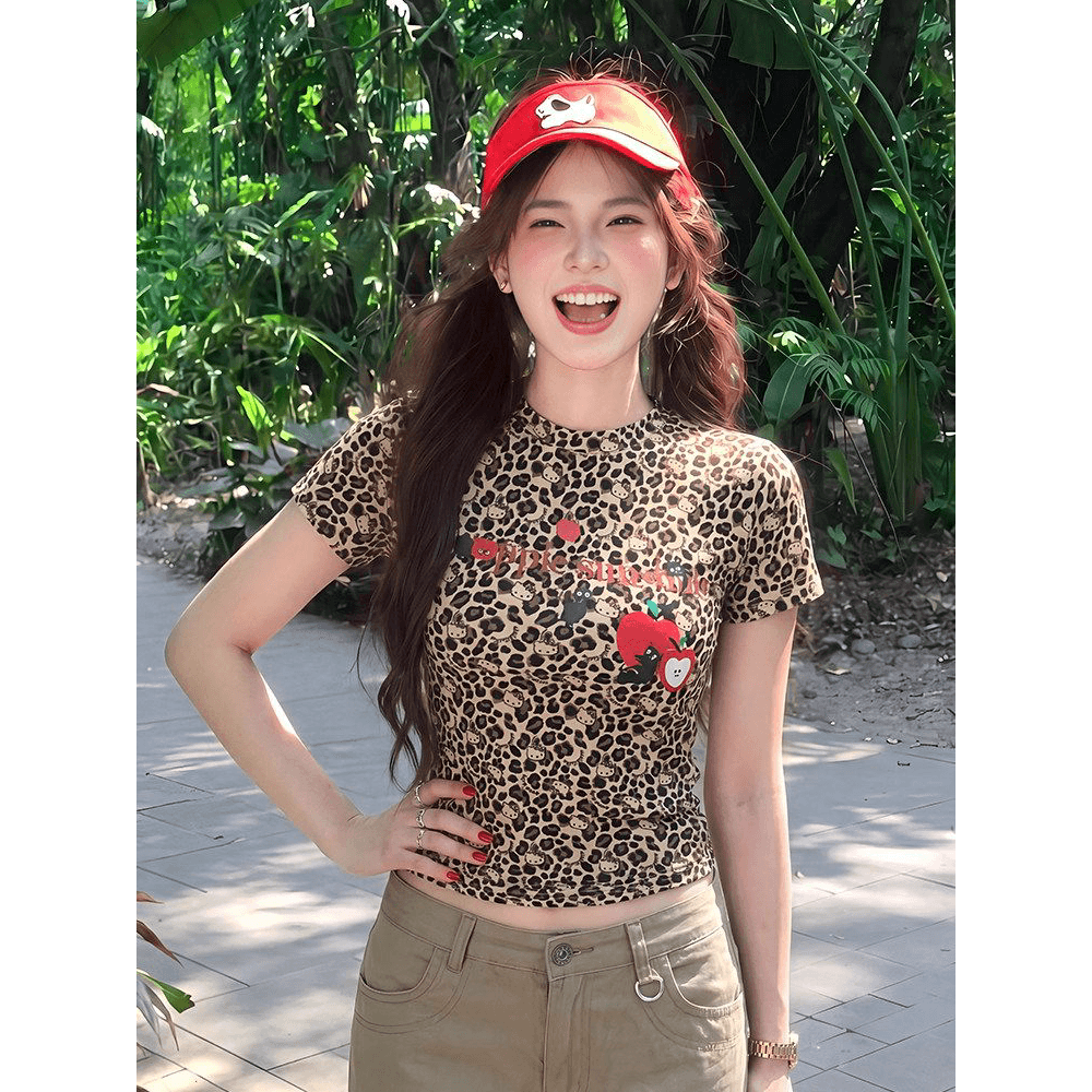260 그램 사람들 면 모달 아메리칸 새로운 프린트 ins 레오파드 무늬 티셔츠 여성 몸매 가꾸기 반팔 맨위 반팔 여성 이미지 5