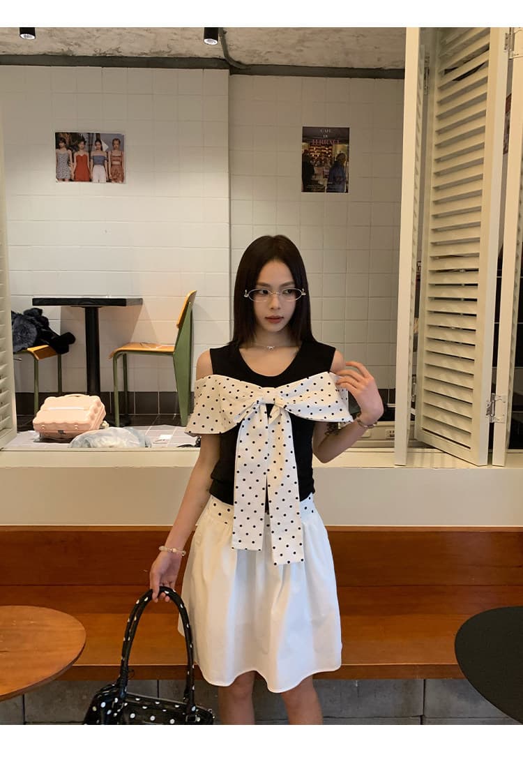 원본 원단 것 화이트 오프숄더 반팔 티셔츠 여름 도트 무늬 나비 매듭 그레이트 봐. 의류 상세 이미지 11